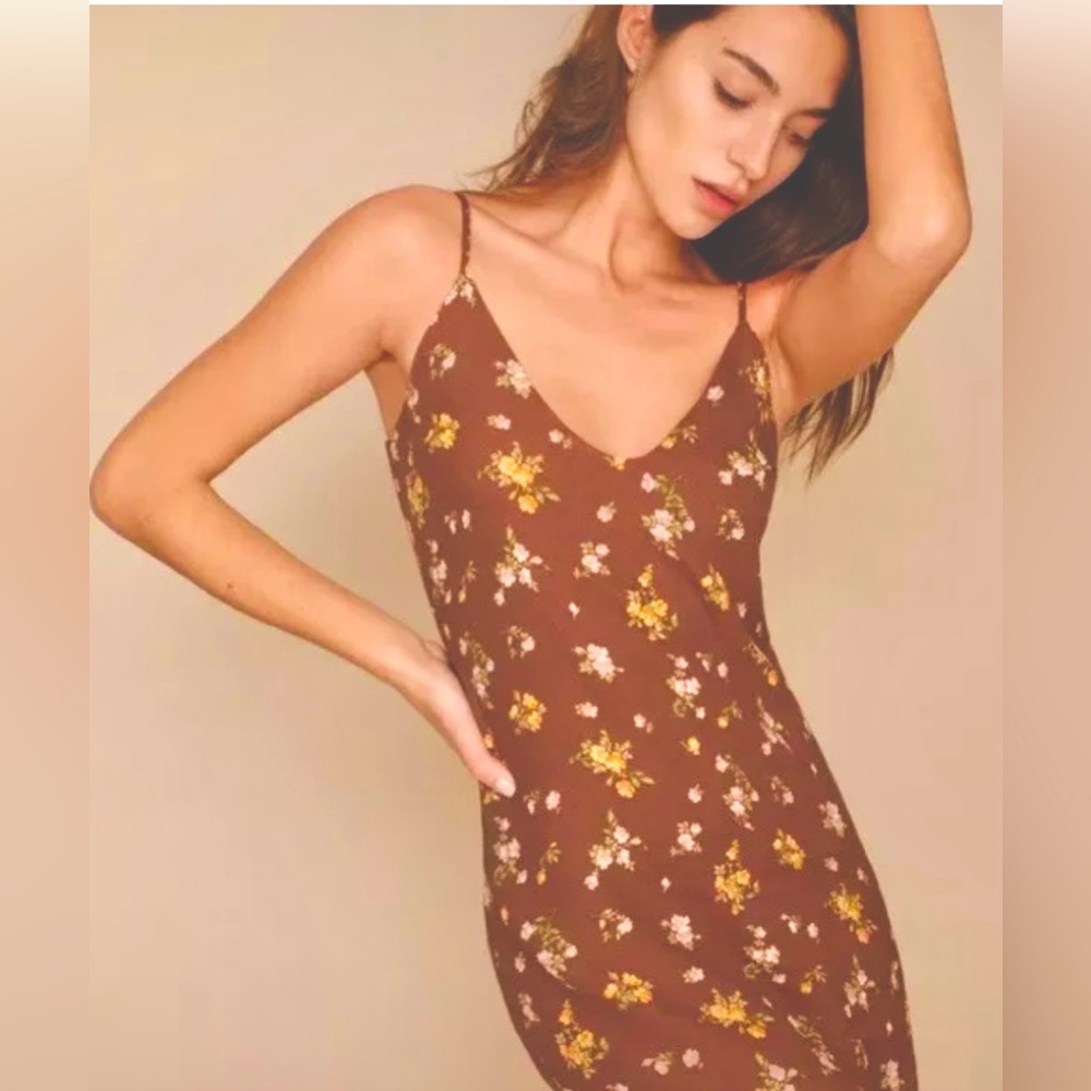 Reformation Ventura Floral Brown Spaghetti Strap Dress